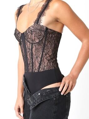 Vici Lace Bustier Bodysuit in Black and Nude XS